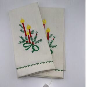 Vintage Embroidered Christmas Holiday‎ Tea Towels Xmas Decor Gift Set of 2 Linen